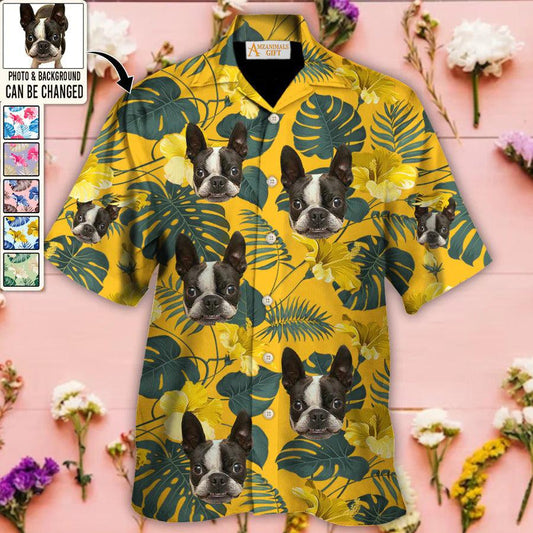 Boston Terrier Face Custom Aloha Hawaii Shirt - Dog Custom Photo With Tropical Pattern Personalized Hawaiian Shirt - Perfect Gift For Dog Lovers, Friend, Family - Amzanimalsgift