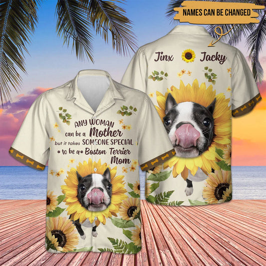 Boston Terrier Hawaiian Shirt Custom Name, Sunflower Personalized Aloha Hawaiian Shirt - Perfect Gift For Dog Lovers, Dog Mom, Mother's Day - Amzanimalsgift