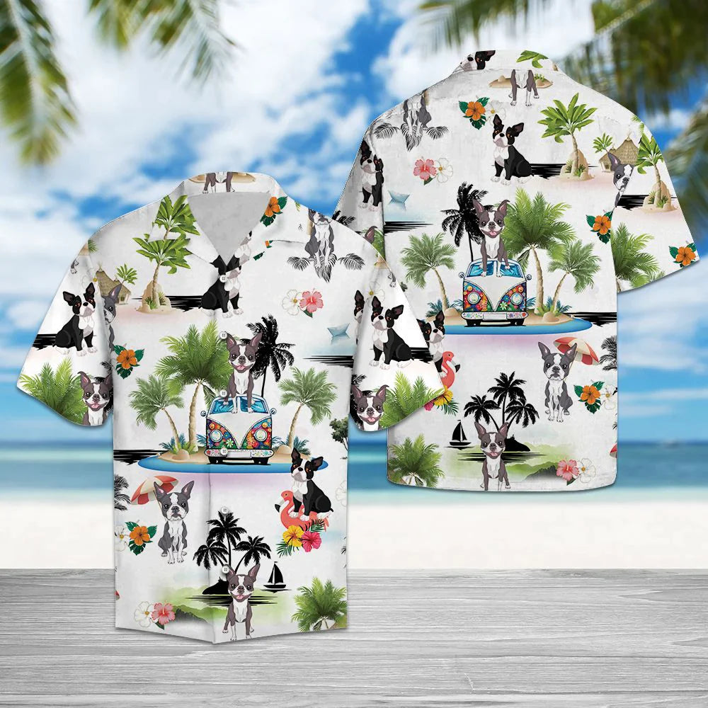 Boston Terrier Hawaiian Shirt, Dog Hippie Palm Vacation Aloha Shirt For Men And Women - Perfect Gift For Dog Lovers, Husband, Boyfriend, Friend, Wife - Amzanimalsgift