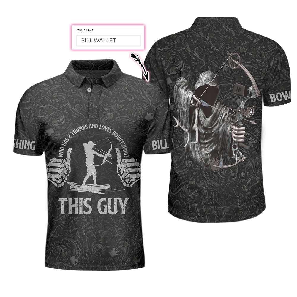 Bowfishing Polo Shirt For Men, Who Has 2 Thumbs And Loves Bowfishing Custom, Fish Skeleton Pattern Archer Reaper Polo Shirt, Best Fishing Shirt For Men - Amzanimalsgift