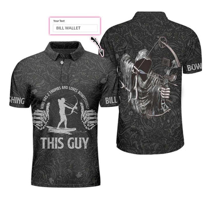 Bowfishing Polo Shirt For Men, Who Has 2 Thumbs And Loves Bowfishing Custom, Fish Skeleton Pattern Archer Reaper Polo Shirt, Best Fishing Shirt For Men - Amzanimalsgift