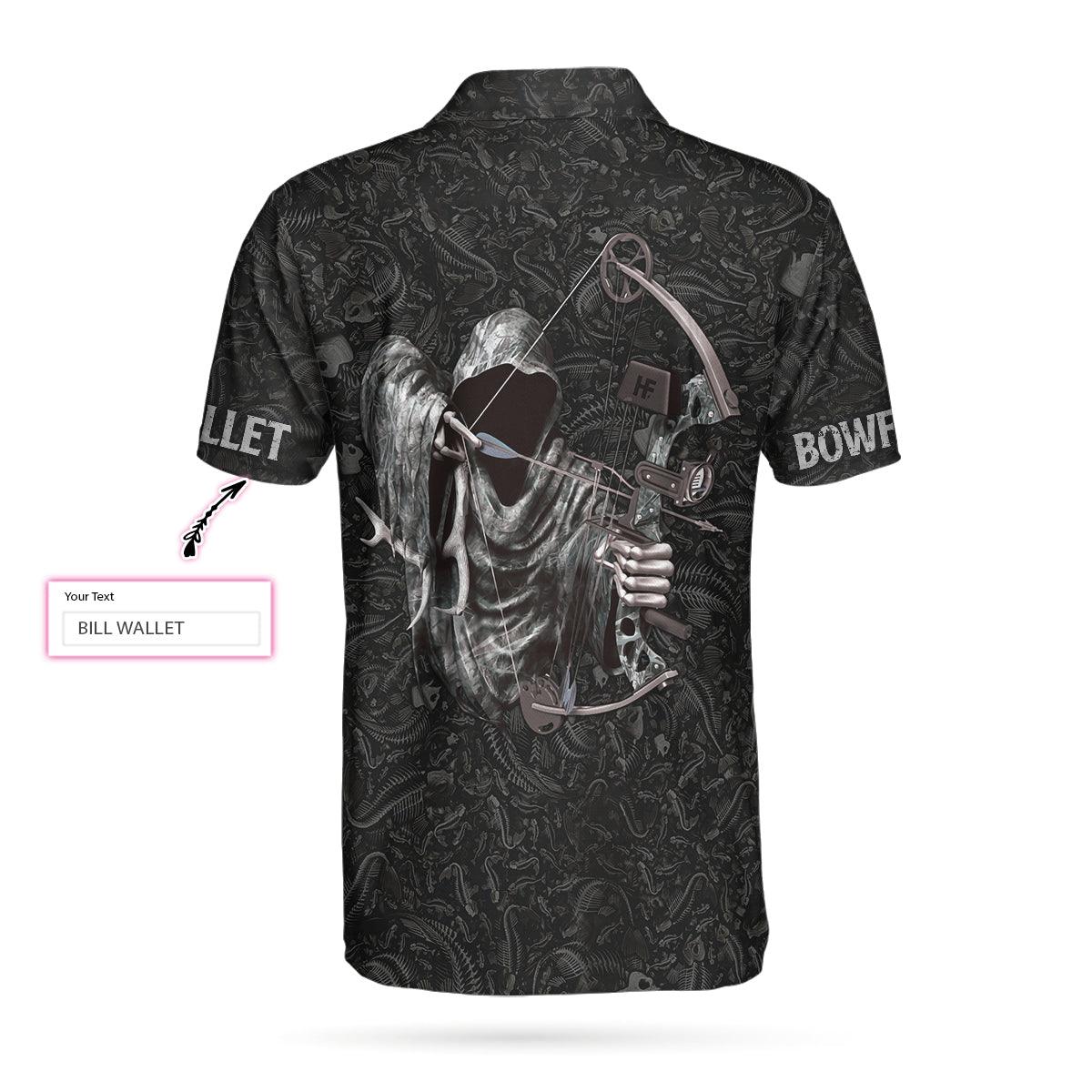 Bowfishing Polo Shirt For Men, Who Has 2 Thumbs And Loves Bowfishing Custom, Fish Skeleton Pattern Archer Reaper Polo Shirt, Best Fishing Shirt For Men - Amzanimalsgift