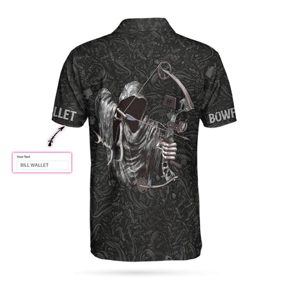 Bowfishing Polo Shirt For Men, Who Has 2 Thumbs And Loves Bowfishing Custom, Fish Skeleton Pattern Archer Reaper Polo Shirt, Best Fishing Shirt For Men - Amzanimalsgift