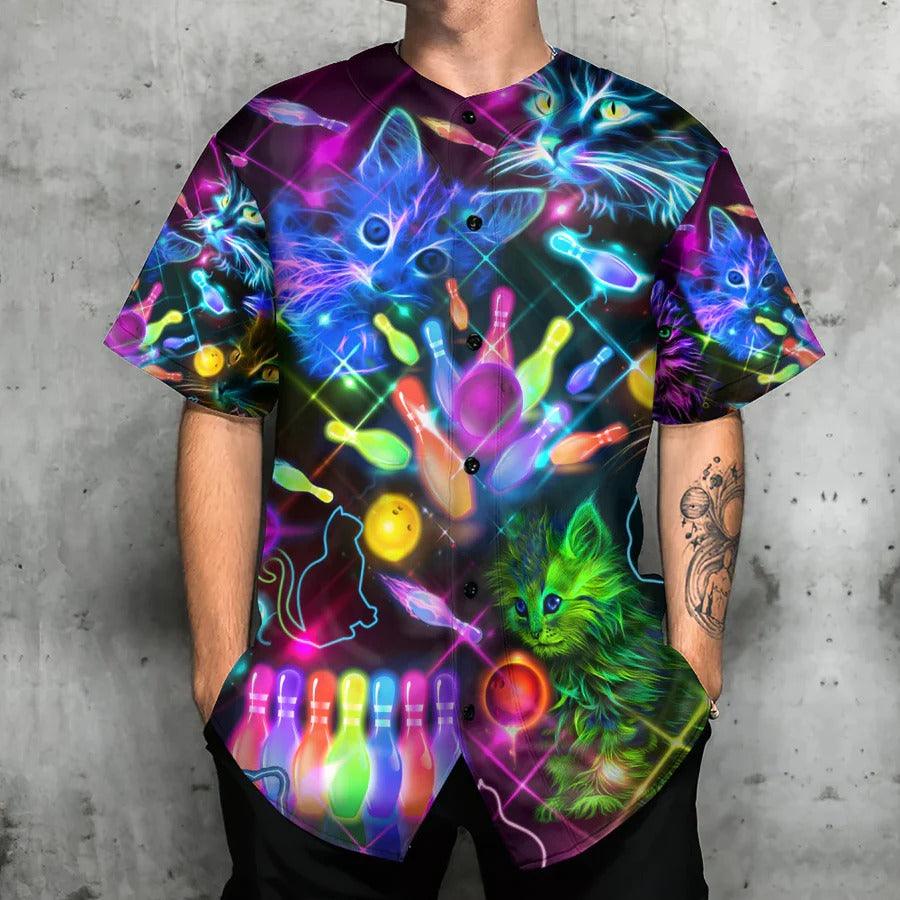 Bowling Baseball Jersey, Bowling Cat Neon Baseball Jersey For Men And Women - Perfect Gift For Bowling Lovers, Cat Lovers - Amzanimalsgift