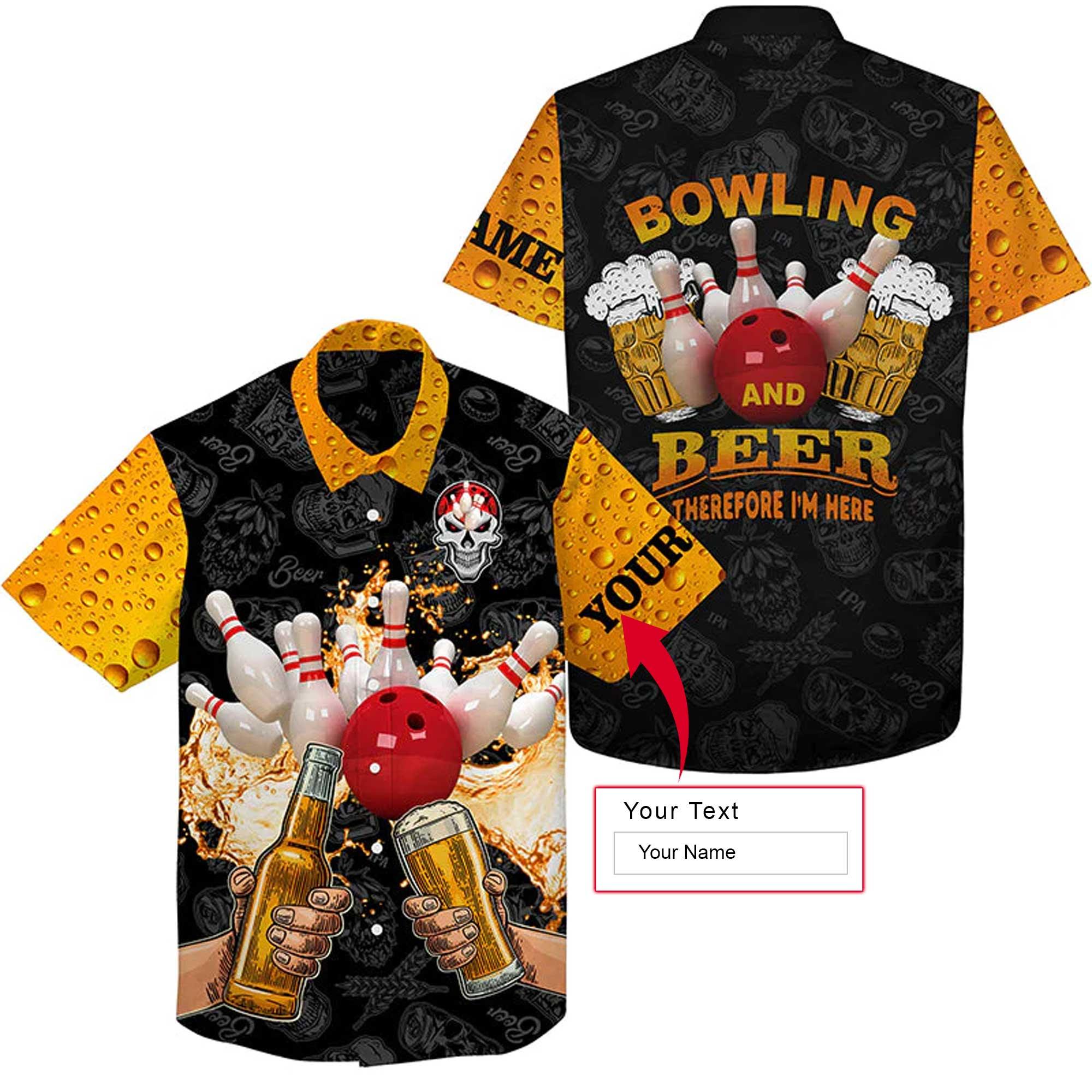 Bowling Beer Hawaiian Shirt Custom Name, Funny Skull Bowling Personalized Hawaiian Shirts For Men Women, Bowling Lovers, Team, Therefore I'm Here - Amzanimalsgift