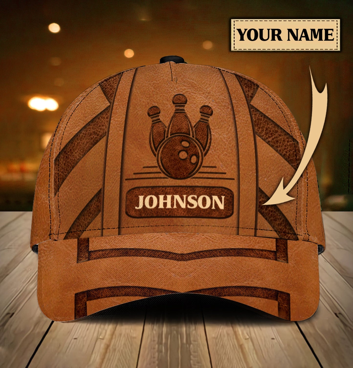 Personalized Bowling Brown Classic Cap, Leather Texture Pattern Bowling Cap Hat For Team Men Women Bowlers HN07