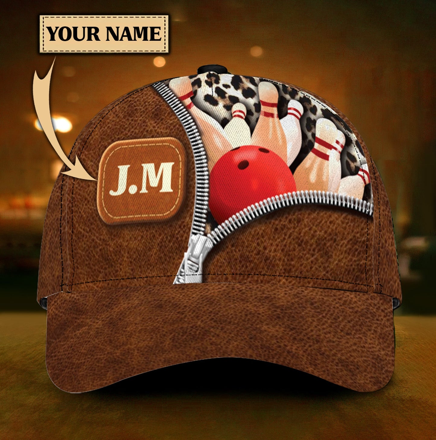 Customized Bowling Dark Leather Texture Classic Cap, Bowling In Zip Pattern Cap Hat For Team Men Women Bowlers HN16