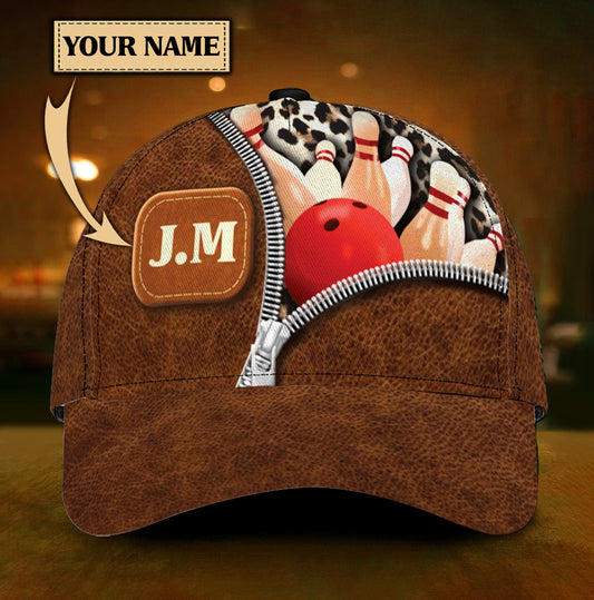 Customized Bowling Dark Leather Texture Classic Cap, Bowling In Zip Pattern Cap Hat For Team Men Women Bowlers HN16