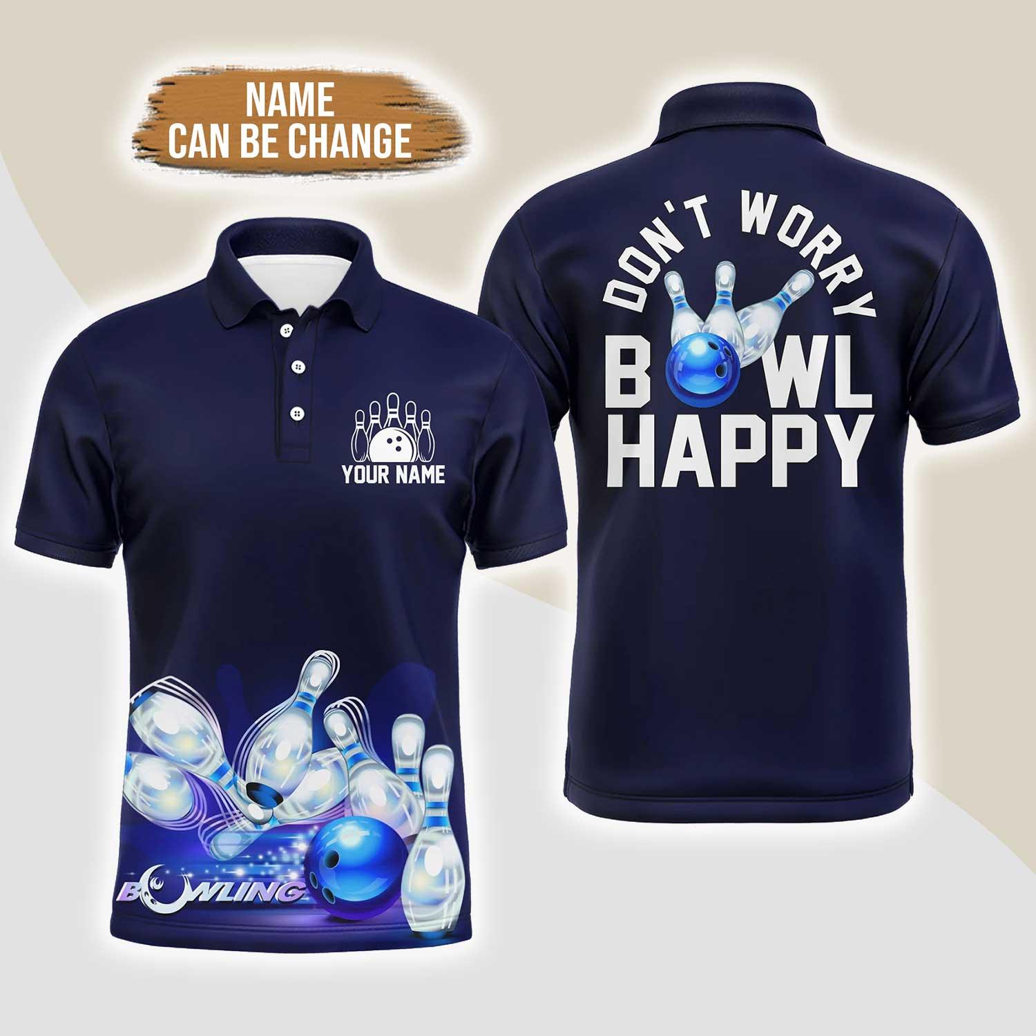 Bowling Custom Men Polo Shirt - Custom Bowling Shirt for Men, Don't Worry Bowl Happy, Blue Personalized Bowling Polo Shirt - Perfect Gift For Friend, Family - Amzanimalsgift