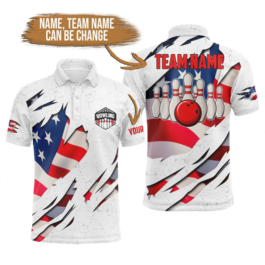 Bowling Custom Men Polo Shirt - Custom Name American Flag Patriotic Bowling Ball & Pins White Personalized Bowling Polo Shirt - Perfect Gift For Friend, Family - Amzanimalsgift