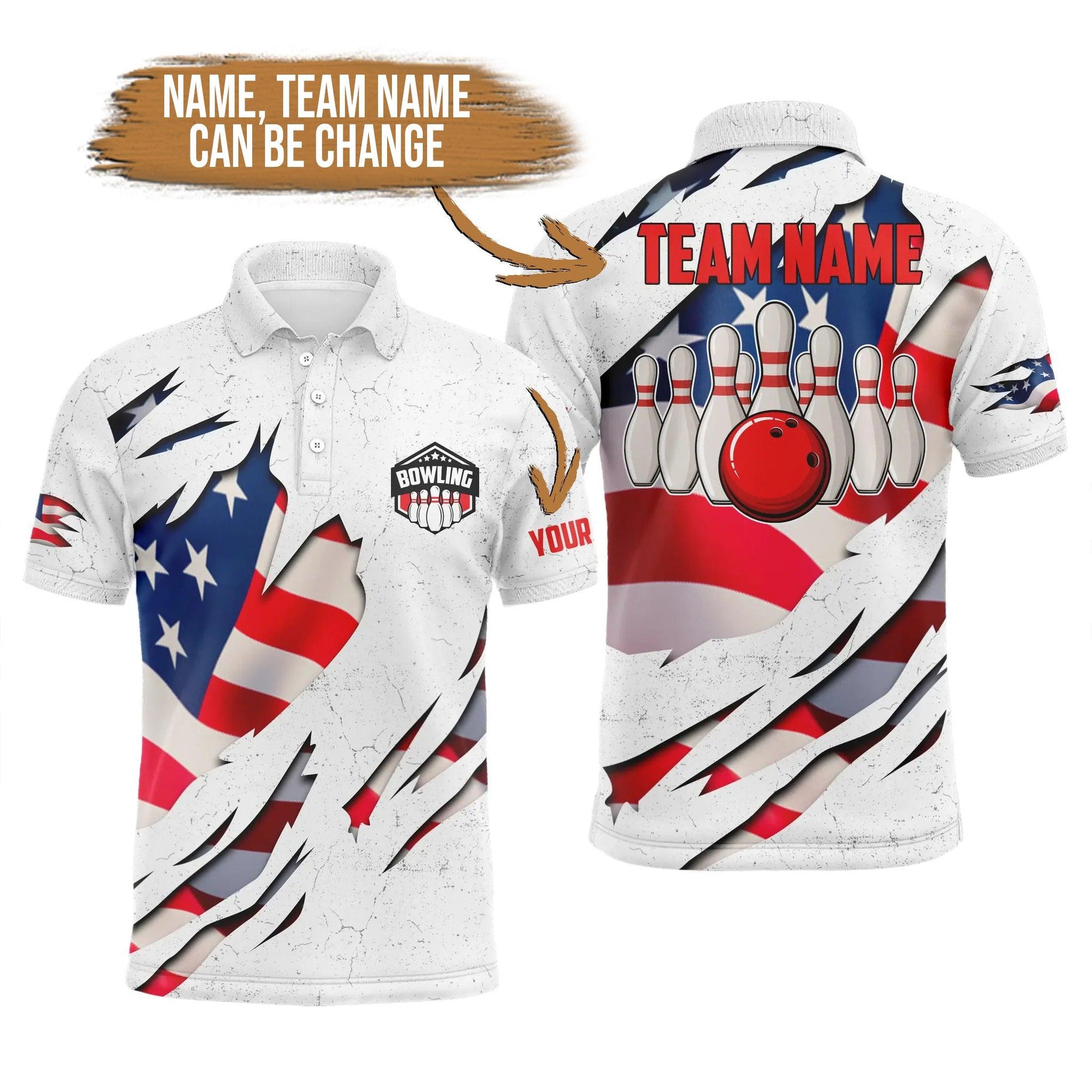 Bowling Custom Men Polo Shirt - Custom Name American Flag Patriotic Bowling Ball & Pins White Personalized Bowling Polo Shirt - Perfect Gift For Friend, Family - Amzanimalsgift