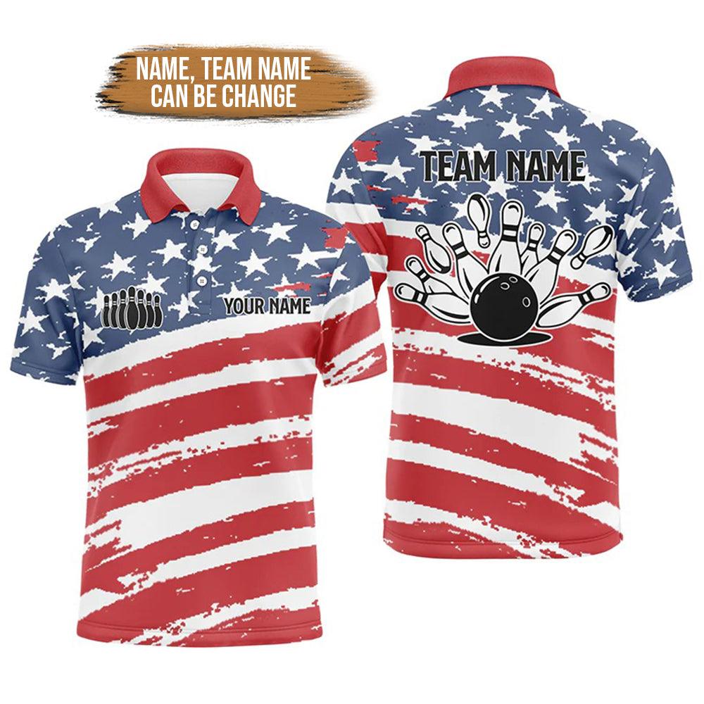 Bowling Custom Men Polo Shirt - Custom Name American Flag Patriotic Personalized BowlingPolo Shirt - Perfect Gift For Friend, Family - Amzanimalsgift
