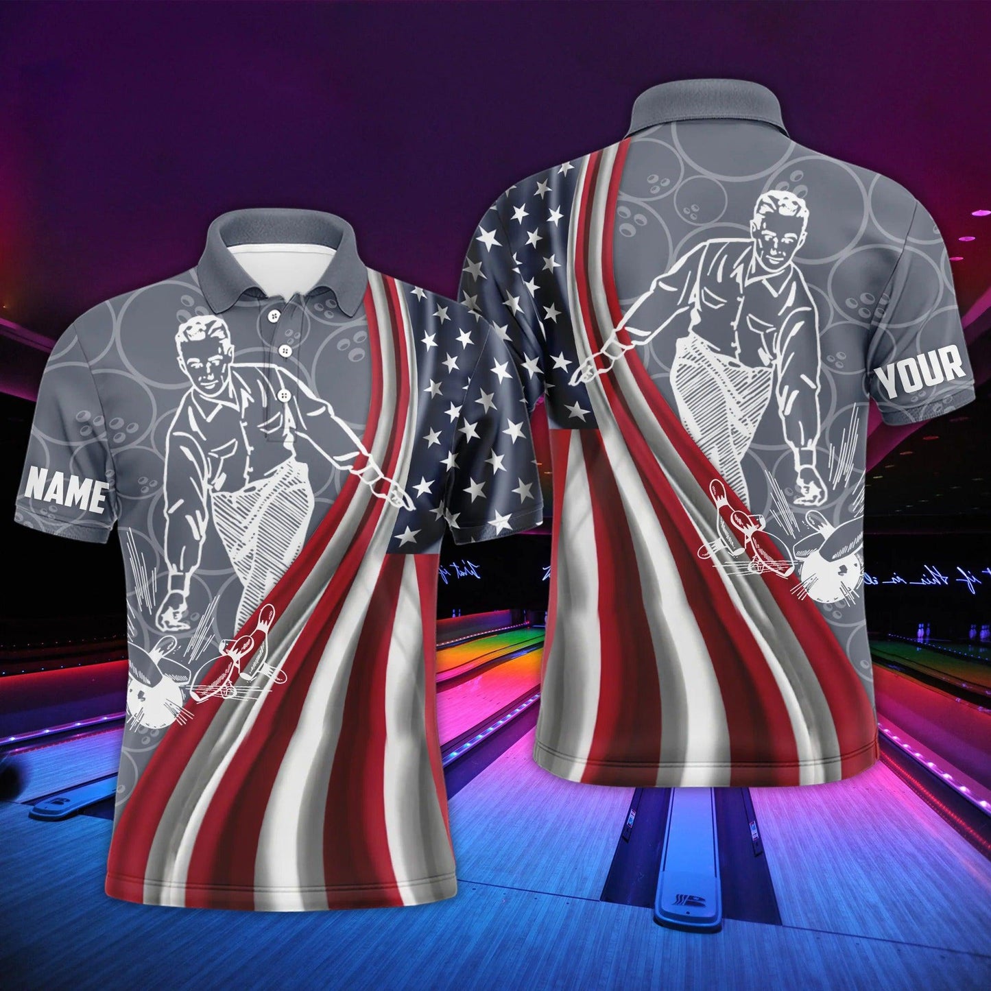 Bowling Custom Men Polo Shirt - Custom Name American Flag Personalized Bowling Polo Shirt - Gift For Friend, Family - Amzanimalsgift