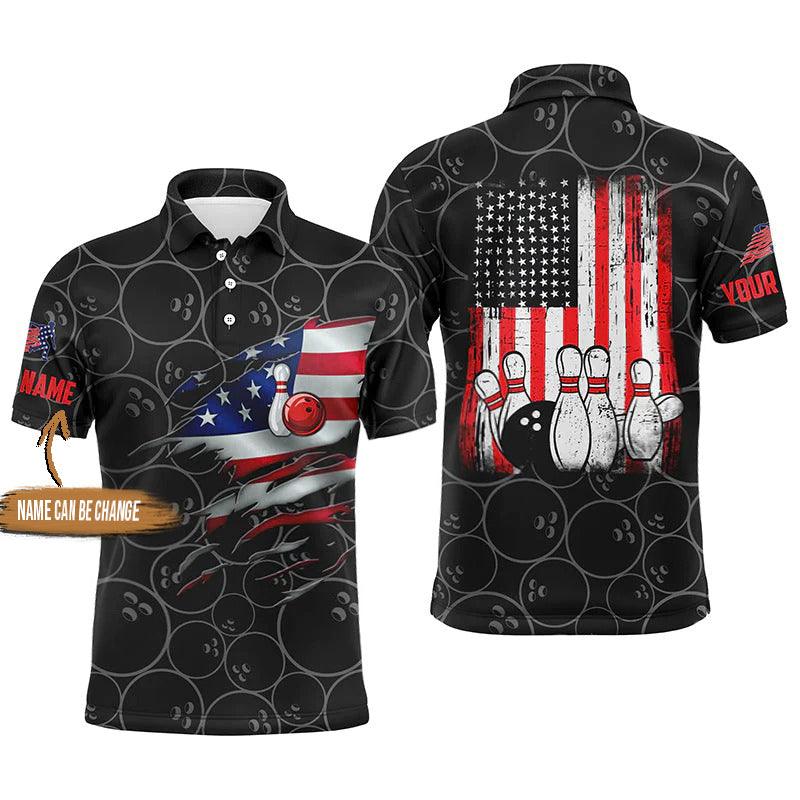 Bowling Custom Men Polo Shirt - Custom Name Black Bowling, American flag bowling Personalized Bowling Polo Shirt - Gift For Friend, Family - Amzanimalsgift