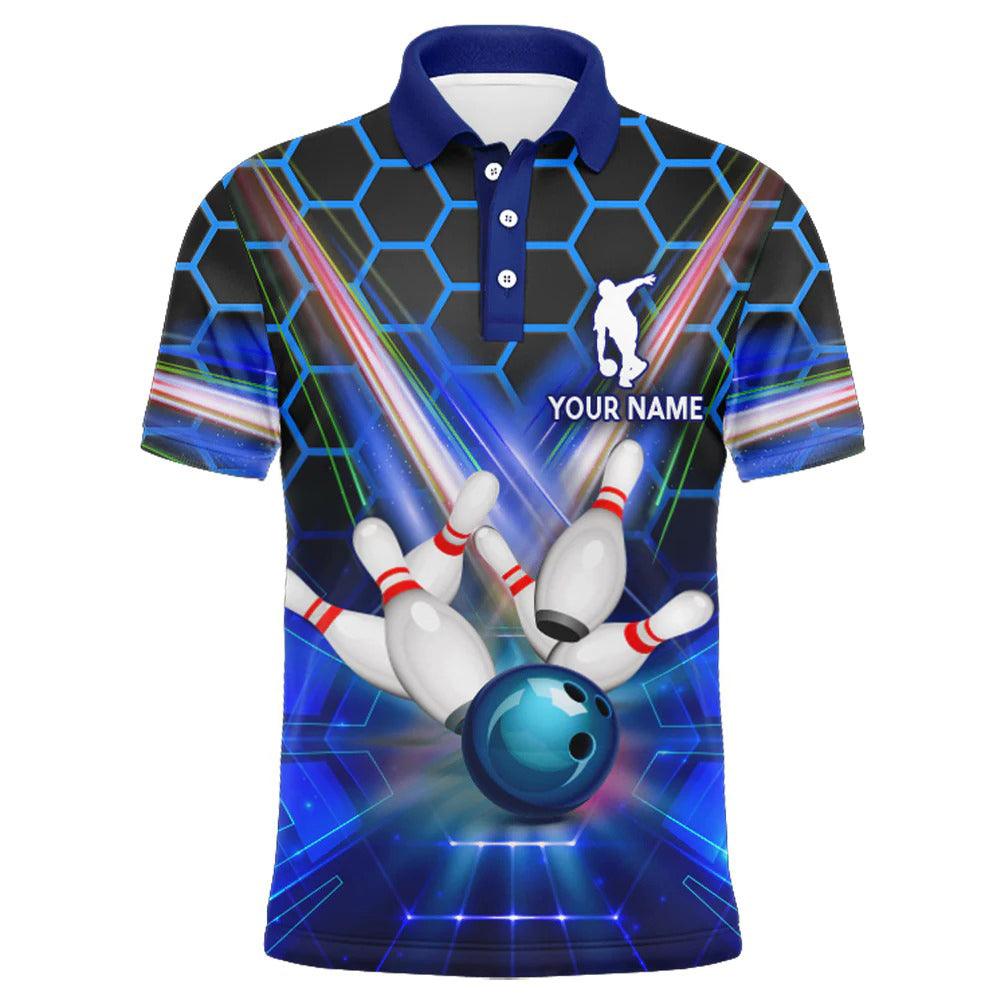 Bowling Custom Men Polo Shirt - Custom Name Blue Personalized Bowling Polo Shirt - Gift For Friend, Family - Amzanimalsgift