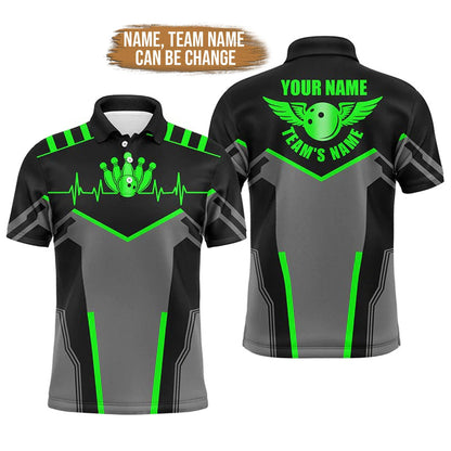 Bowling Custom Men Polo Shirt - Custom Name Bowling Heartbeat Team Bowlers Personalized Bowling Polo Shirt - Gift For Friend, Family - Amzanimalsgift