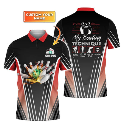 Bowling Custom Men Polo Shirt - Custom Name Bowling In Red My Bowling Technique Personalized Bowling Polo Shirt - Perfect Gift For Friend, Family - Amzanimalsgift
