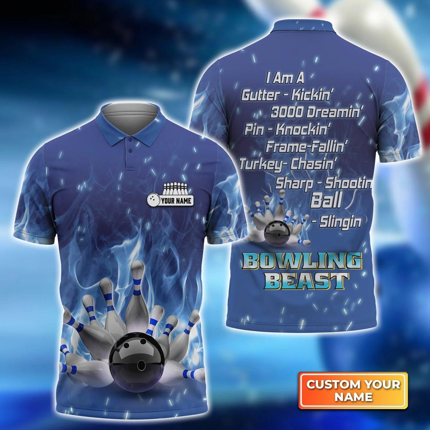 Bowling Custom Men Polo Shirt - Custom Name Bowling On Blue Fire Bowling Beast Personalized Bowling Polo Shirt - Perfect Gift For Friend, Family - Amzanimalsgift