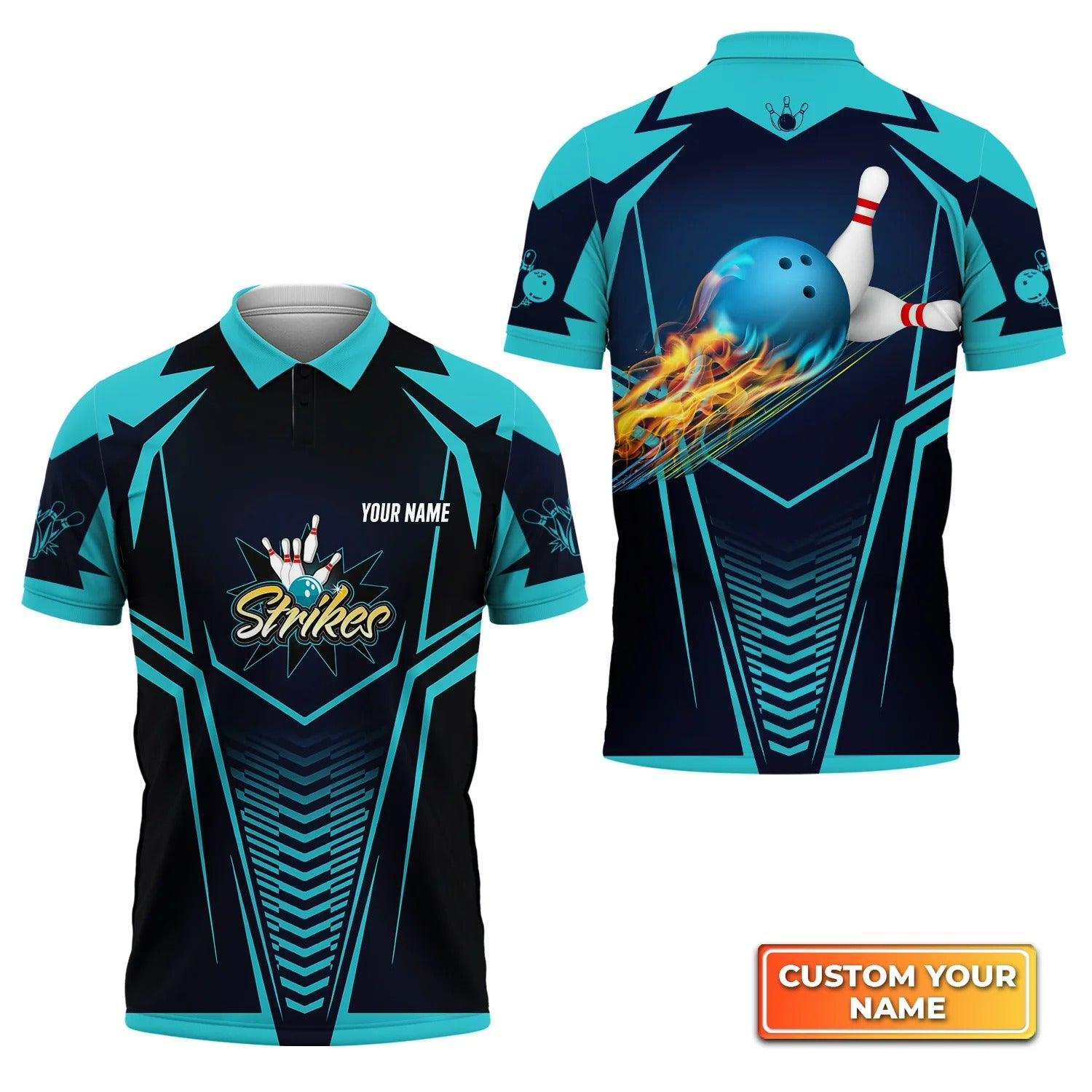 Bowling Custom Men Polo Shirt - Custom Name Bowling Strikes Blue Bowling Ball Crashing The Pins Personalized Bowling Polo Shirt - Perfect Gift For Friend, Family - Amzanimalsgift