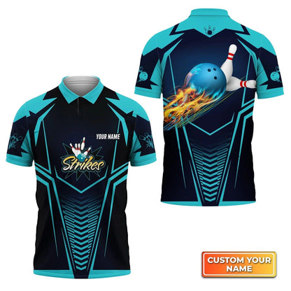 Bowling Custom Men Polo Shirt - Custom Name Bowling Strikes Blue Bowling Ball Crashing The Pins Personalized Bowling Polo Shirt - Perfect Gift For Friend, Family - Amzanimalsgift