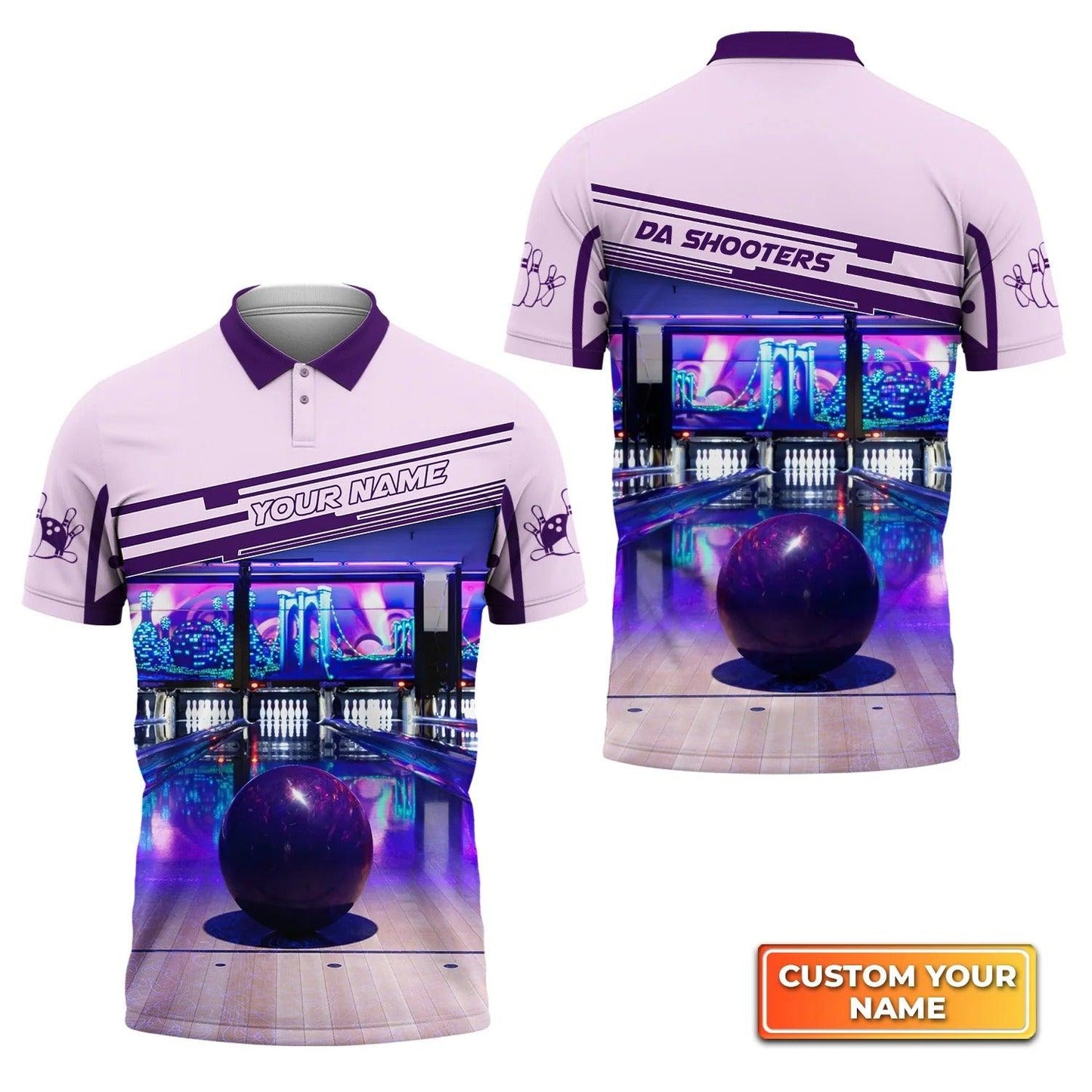 Bowling Custom Men Polo Shirt - Custom Name DA SHOOTERS Purple Bowling Ball Personalized Bowling Polo Shirt - Perfect Gift For Friend, Family - Amzanimalsgift