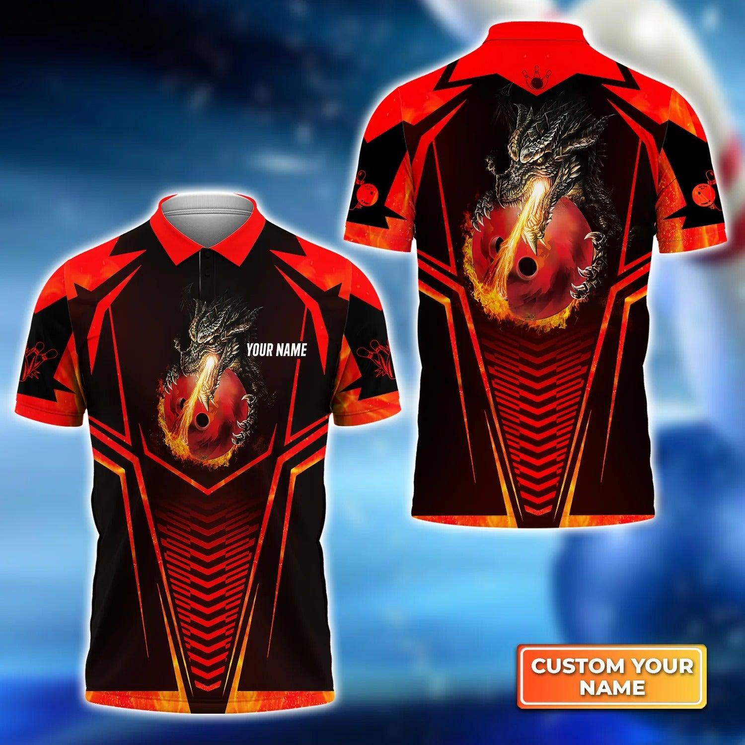 Bowling Custom Men Polo Shirt - Custom Name Dragon Fire Flame Personalized Bowling Polo Shirt - Perfect Gift For Friend, Family - Amzanimalsgift