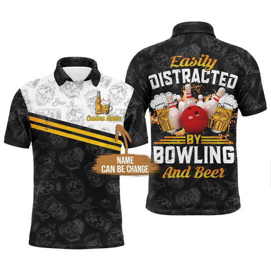 Bowling Custom Men Polo Shirt - Custom Name Easily Distracted By Bowling and Beer Personalized Bowling Polo Shirt - Gift For Friend, Family - Amzanimalsgift