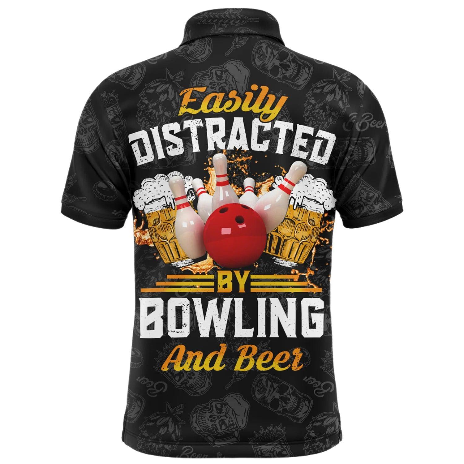 Bowling Custom Men Polo Shirt - Custom Name Easily Distracted By Bowling and Beer Personalized Bowling Polo Shirt - Gift For Friend, Family - Amzanimalsgift