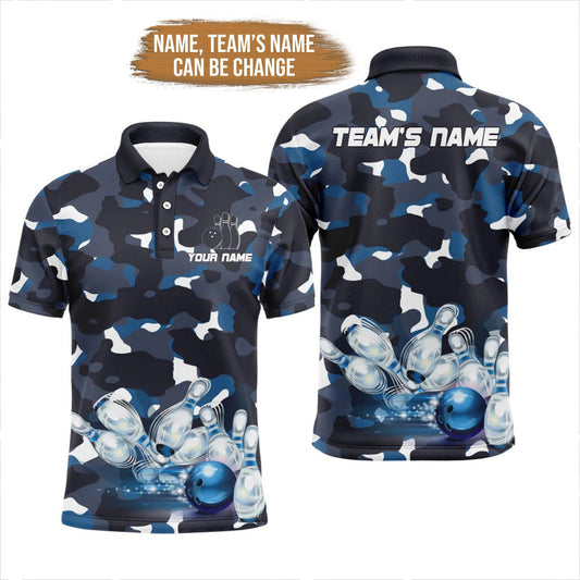 Bowling Custom Men Polo Shirt - Custom Name Flame Blue Camo Personalized Bowling Polo Shirt - Gift For Friend, Family - Amzanimalsgift