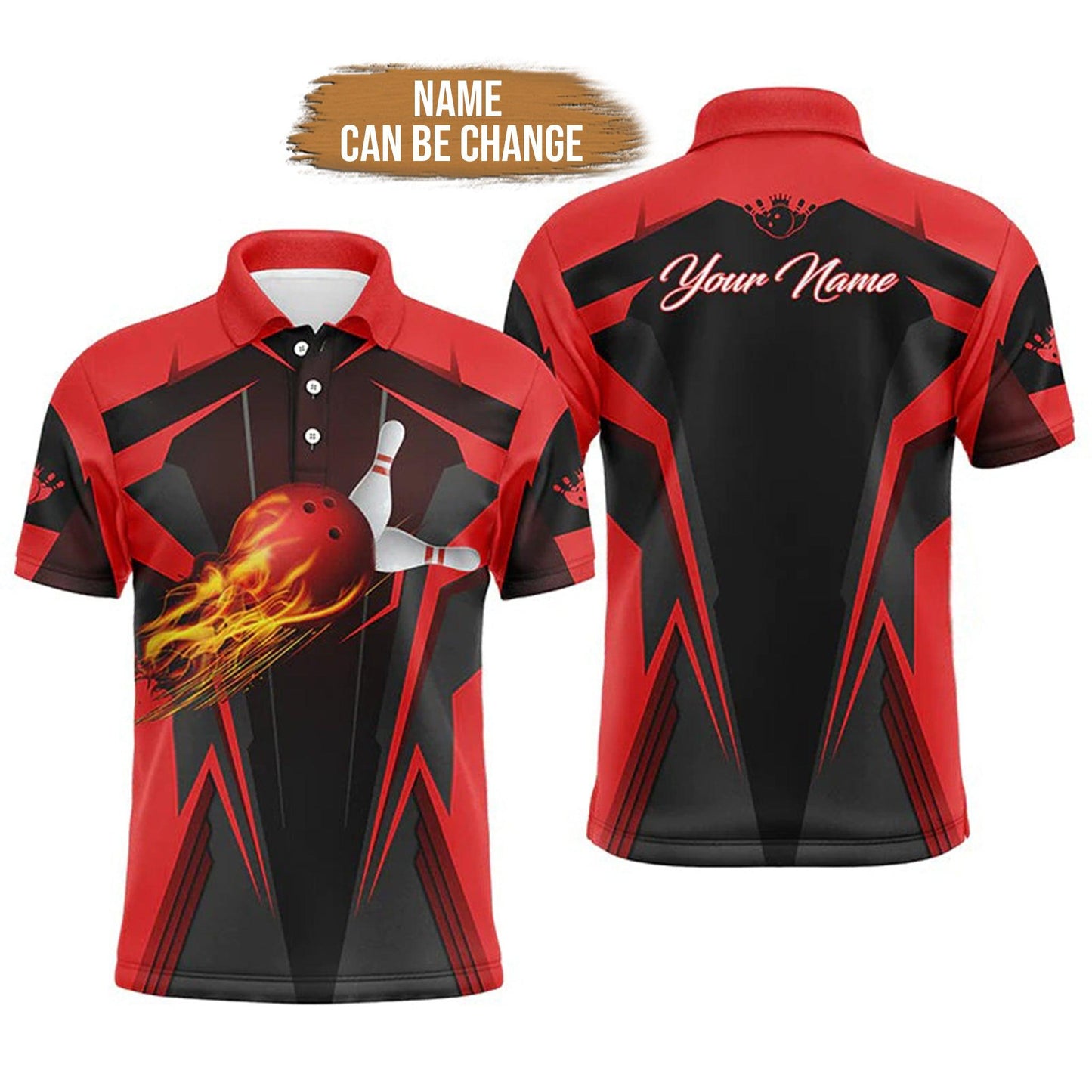 Bowling Custom Men Polo Shirt - Custom Name Flame Bowling Ball and Pins Personalized Bowling Polo Bowling Shirt - Gift For Friend, Family - Amzanimalsgift