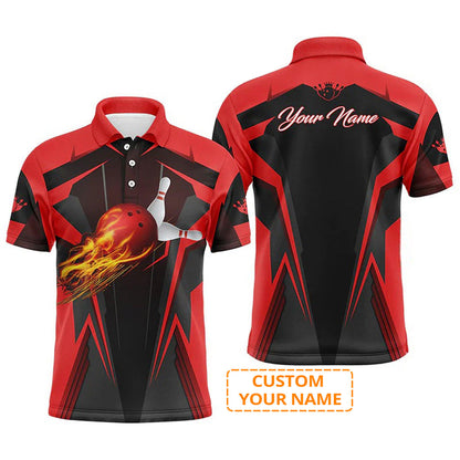 Bowling Custom Men Polo Shirt - Custom Name Flame Bowling Ball and Pins Personalized Bowling Polo Bowling Shirt - Gift For Friend, Family