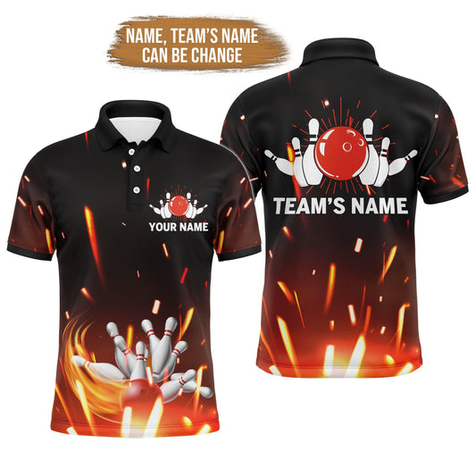 Bowling Custom Men Polo Shirt - Custom Name Flame Bowling Ball and Pins Personalized Bowling Polo Shirt - Gift For Friend, Family - Amzanimalsgift