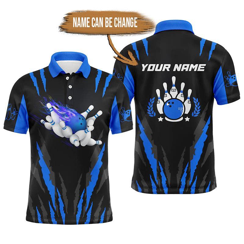 Bowling Custom Men Polo Shirt - Custom Name Flame Bowling Ball and Pins Personalized Bowling Polo Shirt - Gift For Friend, Family - Amzanimalsgift
