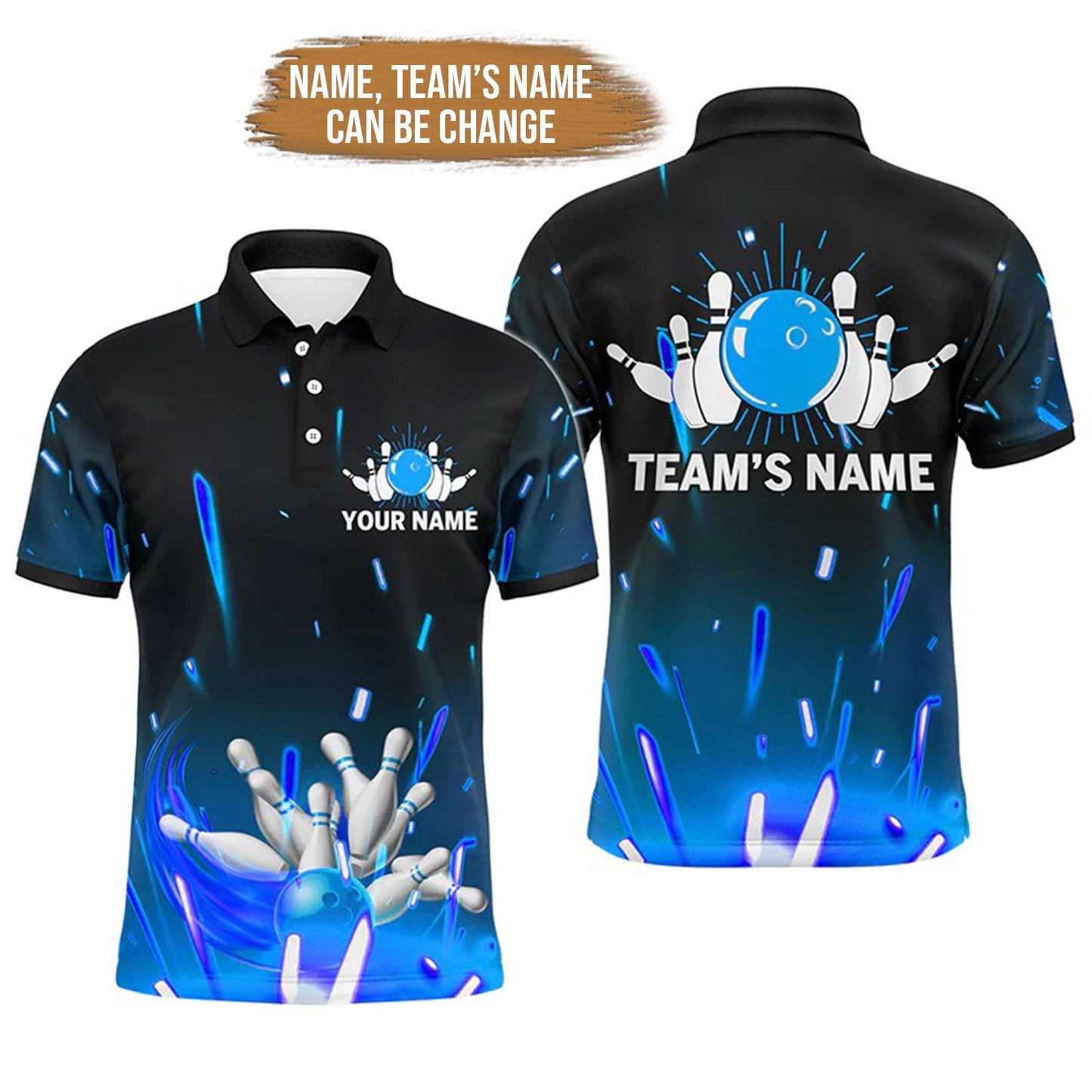Bowling Custom Men Polo Shirt - Custom Name Flame Bowling Ball and Pins Personalized Bowling Polo Shirt - Gift For Friend, Family - Amzanimalsgift