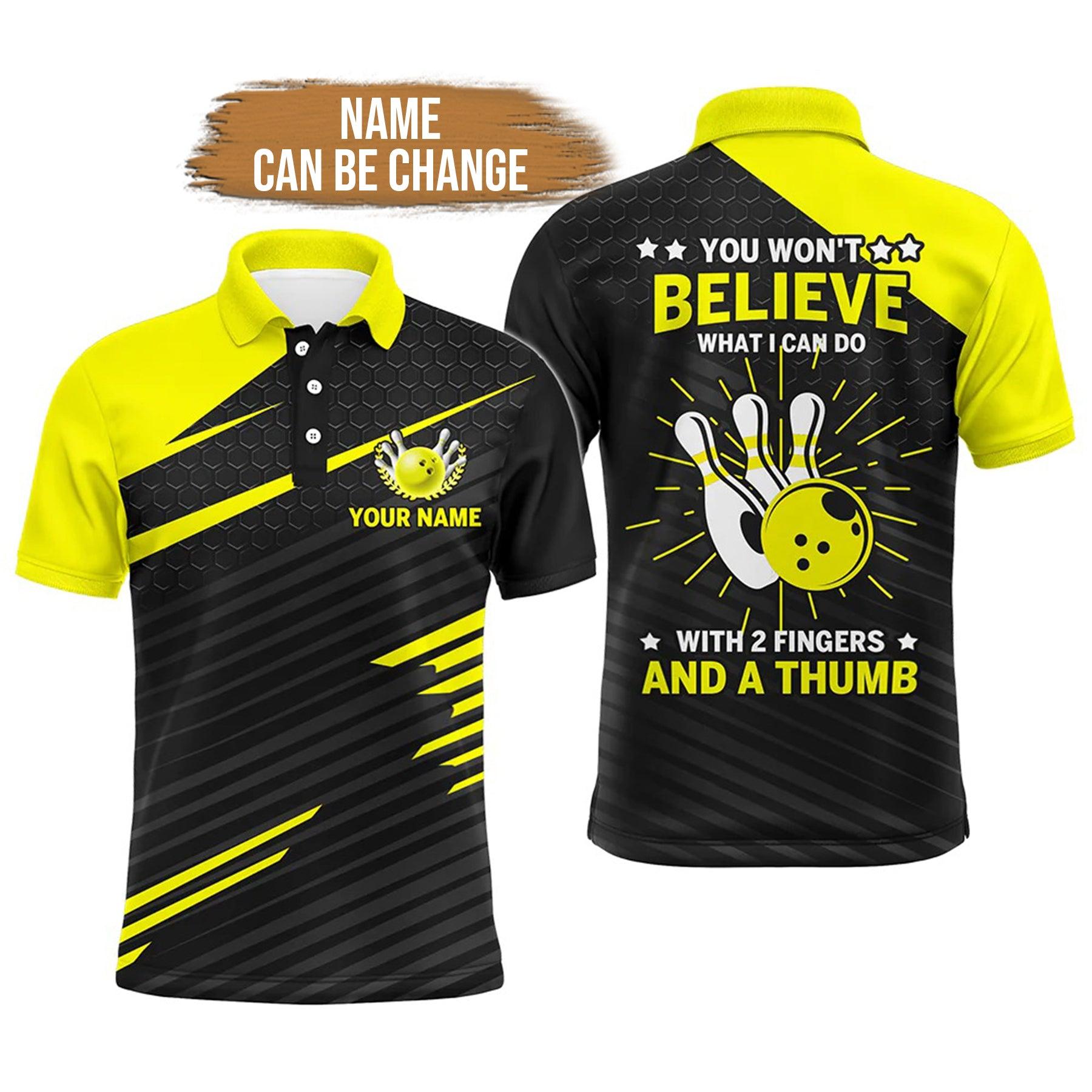Bowling Custom Men Polo Shirt - Custom Name Funny Bowling Polo Shirt for Men, Yellow & Black 2 Fingers and A Thumb Personalized Bowling Polo Shirt - Perfect Gift For Friend, Family - Amzanimalsgift
