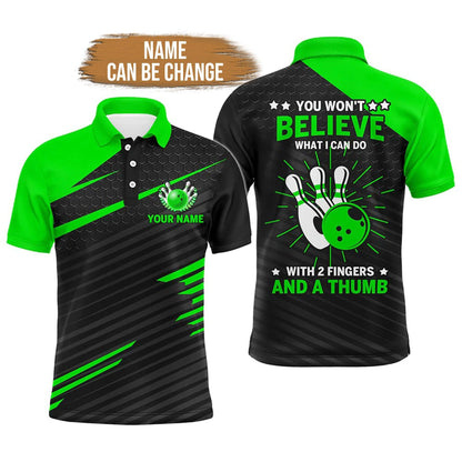 Bowling Custom Men Polo Shirt - Custom Name Funny Bowling Polo Shirt for Men, Yellow & Black 2 Fingers and A Thumb Personalized Bowling Polo Shirt - Perfect Gift For Friend, Family - Amzanimalsgift