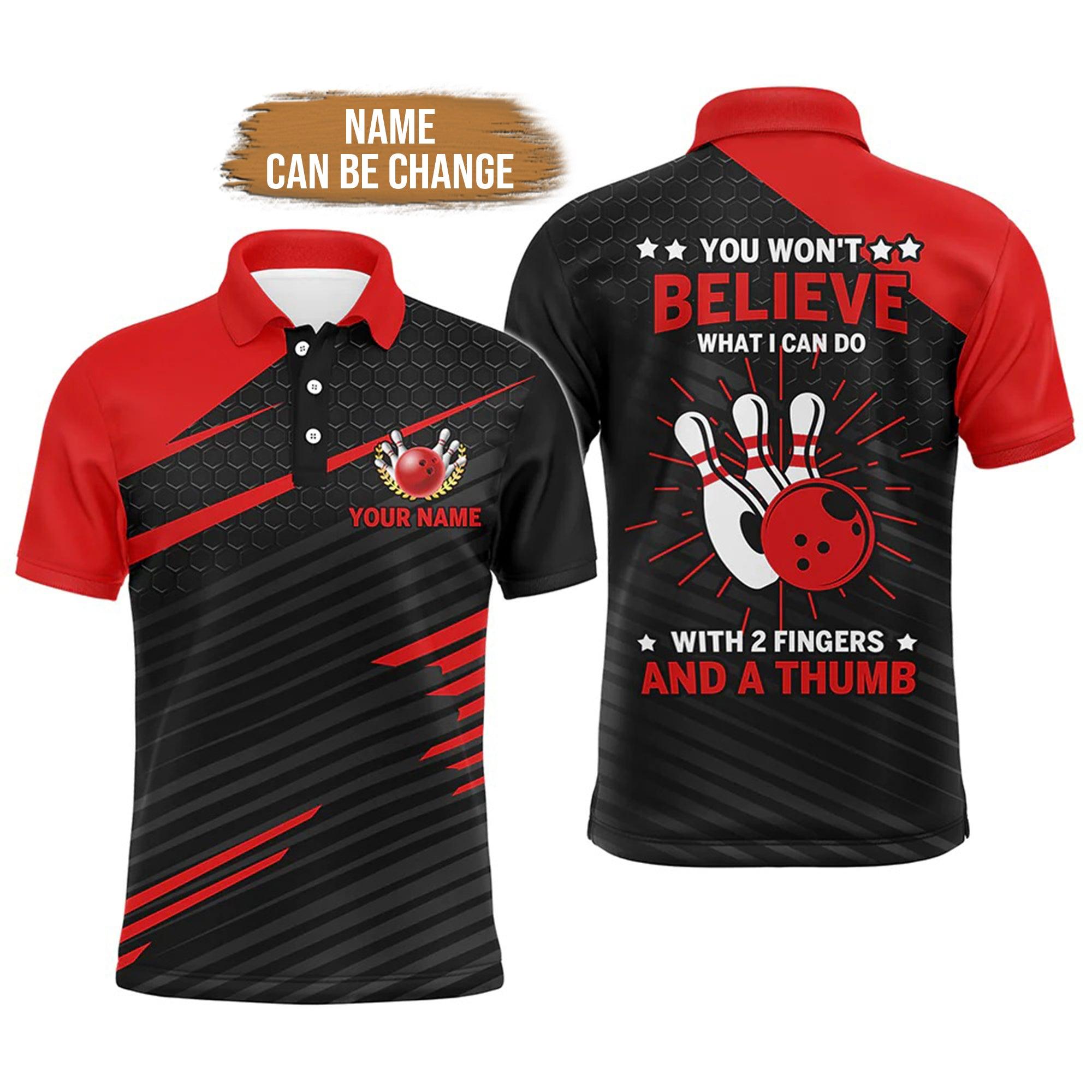 Bowling Custom Men Polo Shirt - Custom Name Funny Polo Red & Black Bowling Shirt for Men, 2 Fingers and A Thumb Bowling Personalized Bowling Polo Shirt - Perfect Gift For Friend, Family - Amzanimalsgift