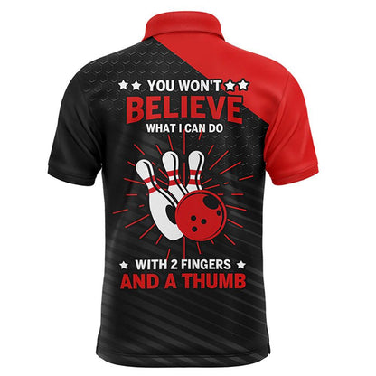 Bowling Custom Men Polo Shirt - Custom Name Funny Polo Red & Black Bowling Shirt for Men, 2 Fingers and A Thumb Bowling Personalized Bowling Polo Shirt - Perfect Gift For Friend, Family - Amzanimalsgift
