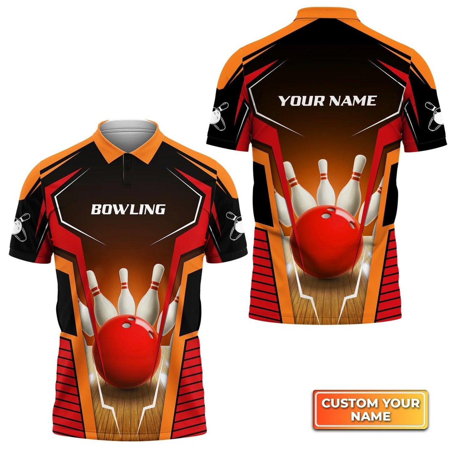 Bowling Custom Men Polo Shirt - Custom Name Mens Bowl Pin And Red Bowling Ball Personalized Bowling Polo Shirt - Perfect Gift For Friend, Family - Amzanimalsgift