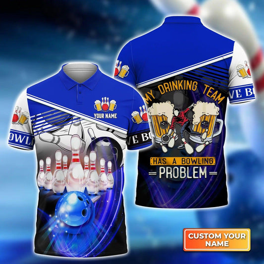 Bowling Custom Men Polo Shirt - Custom Name My Drinking Team Blue Bowling Ball Crashing Into Pins Personalized Bowling Polo Shirt - Perfect Gift For Friend, Family - Amzanimalsgift