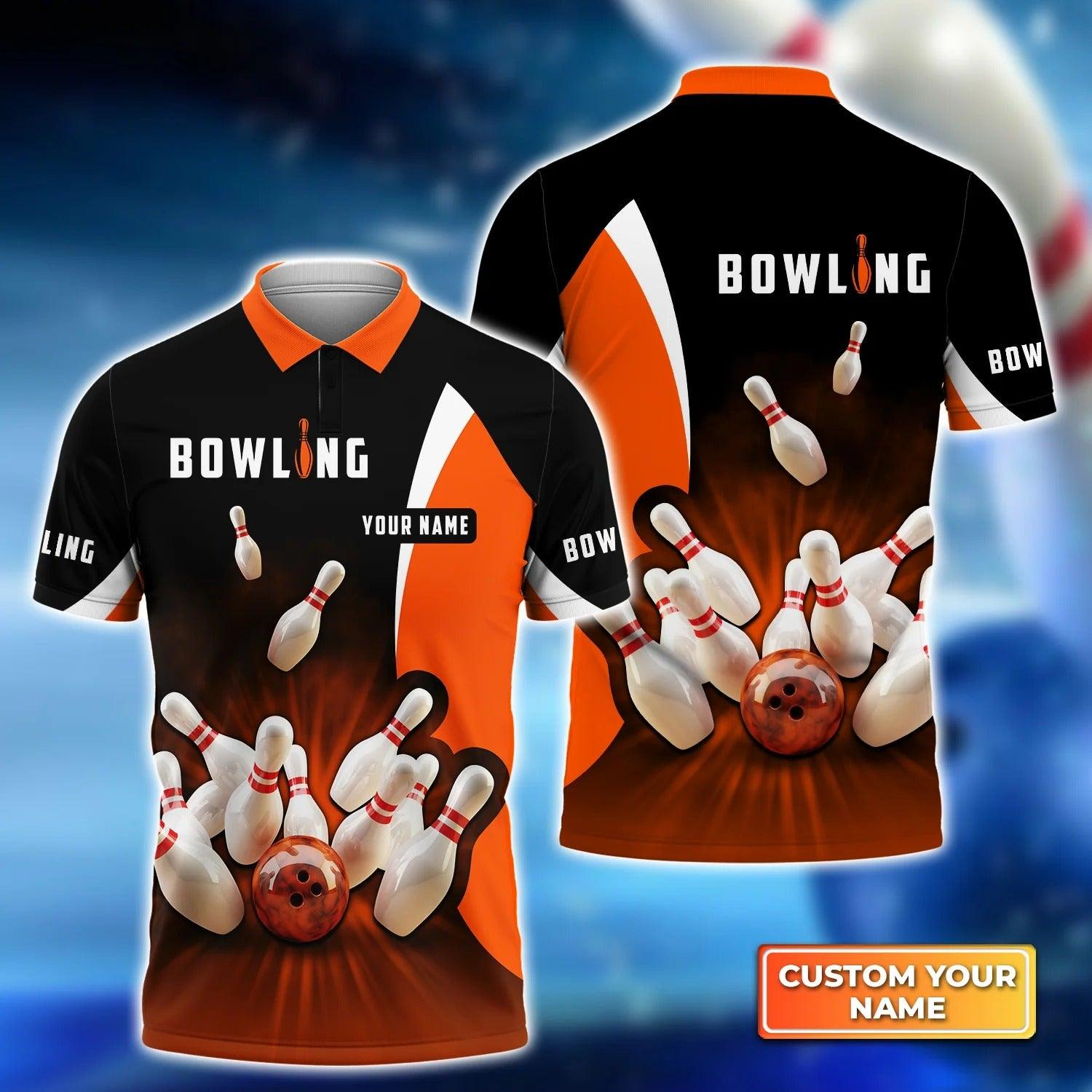 Bowling Custom Men Polo Shirt - Custom Name Perfect Orange Strike Personalized Bowling Polo Shirt - Perfect Gift For Friend, Family - Amzanimalsgift