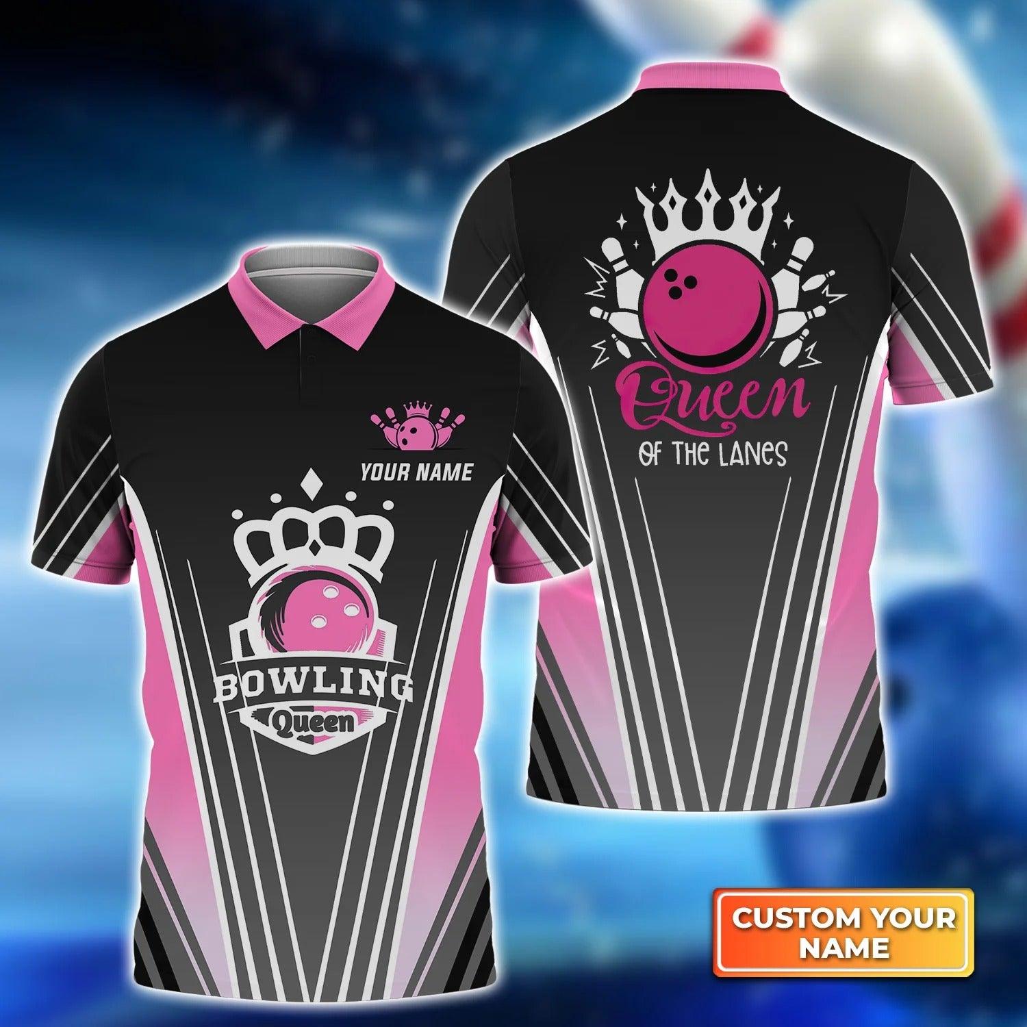 Bowling Custom Men Polo Shirt - Custom Name Pink Bowling Ball Queen Of The Lanes Personalized Bowling Polo Shirt - Perfect Gift For Friend, Family - Amzanimalsgift