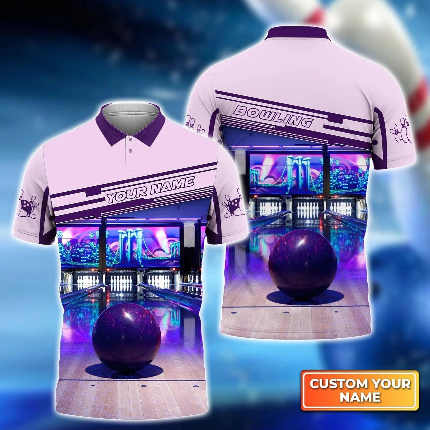 Bowling Custom Men Polo Shirt - Custom Name Purple Bowling Ball Personalized Bowling Polo Shirt - Perfect Gift For Friend, Family - Amzanimalsgift