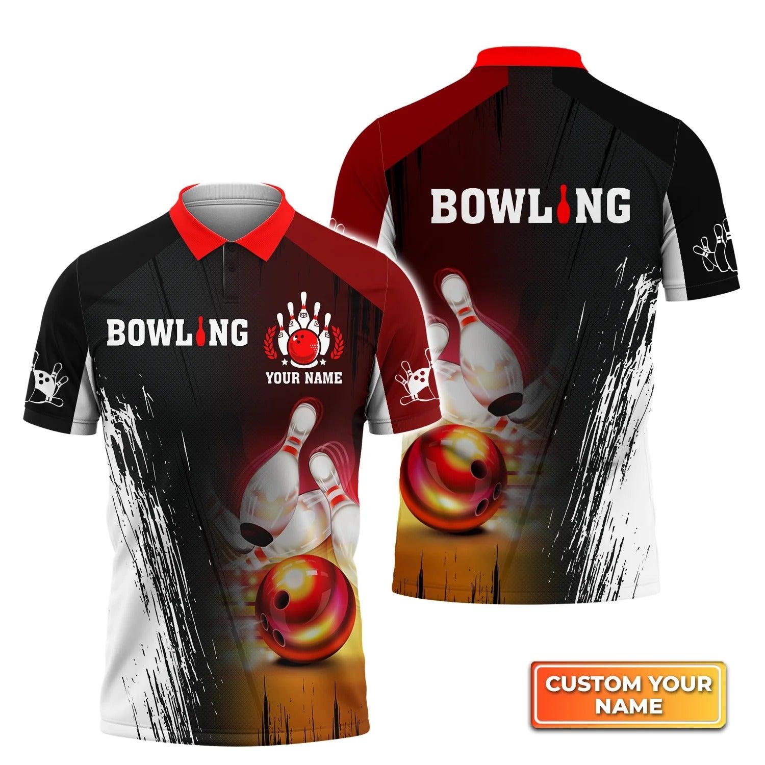 Bowling Custom Men Polo Shirt - Custom Name Red Bowling Ball Crashing Pins Personalized Bowling Polo Shirt - Perfect Gift For Friend, Family - Amzanimalsgift