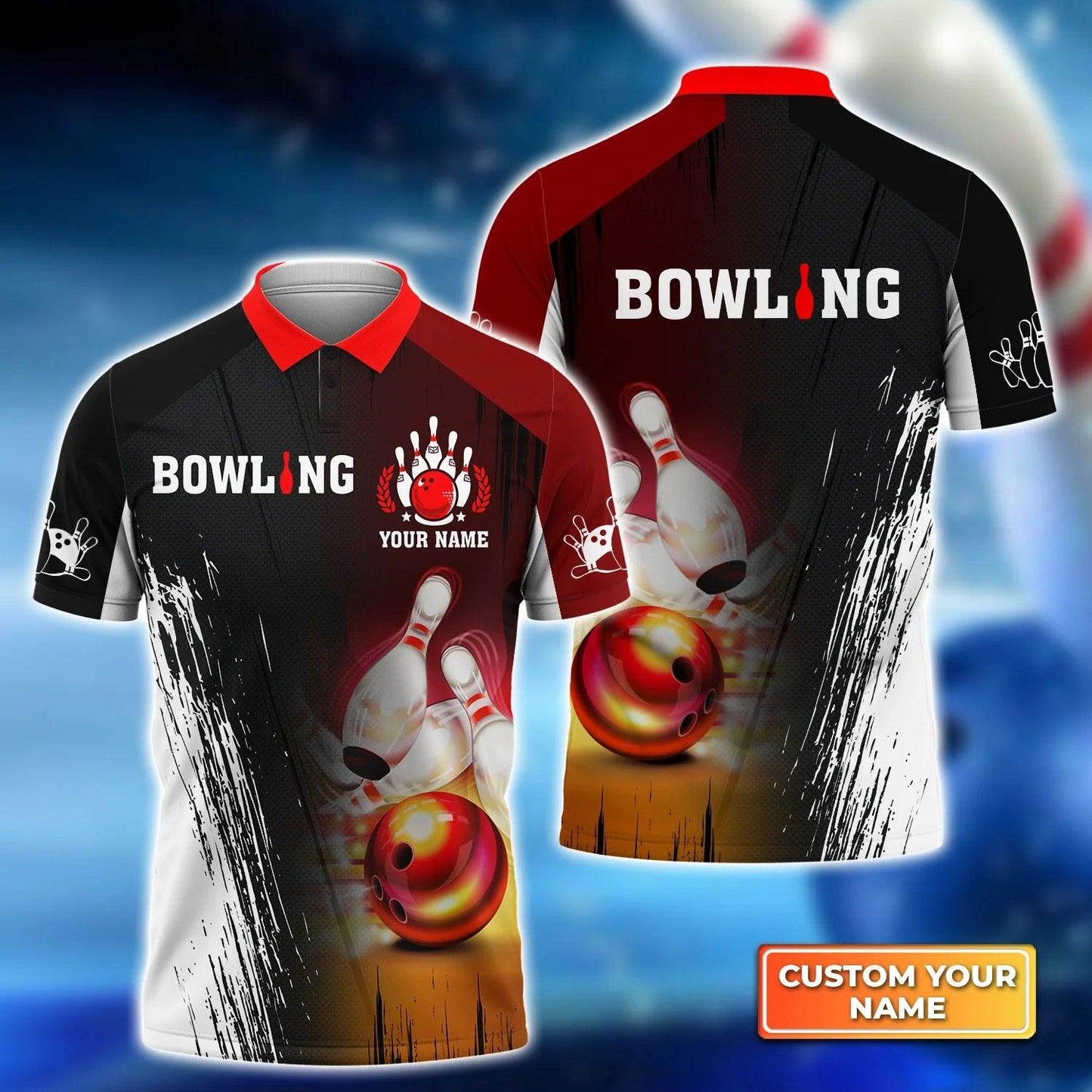 Bowling Custom Men Polo Shirt - Custom Name Red Bowling Ball Crashing Pins Personalized Bowling Polo Shirt - Perfect Gift For Friend, Family - Amzanimalsgift