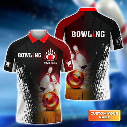 Bowling Custom Men Polo Shirt - Custom Name Red Bowling Ball Crashing Pins Personalized Bowling Polo Shirt - Perfect Gift For Friend, Family - Amzanimalsgift