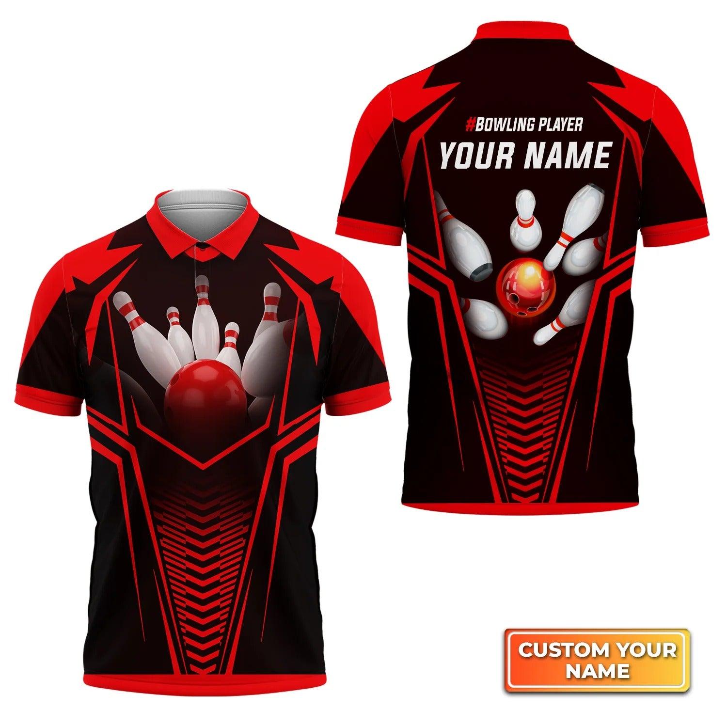 Bowling Custom Men Polo Shirt - Custom Name Red Bowling Ball Crashing The Pins Personalized Bowling Polo Shirt - Perfect Gift For Friend, Family - Amzanimalsgift