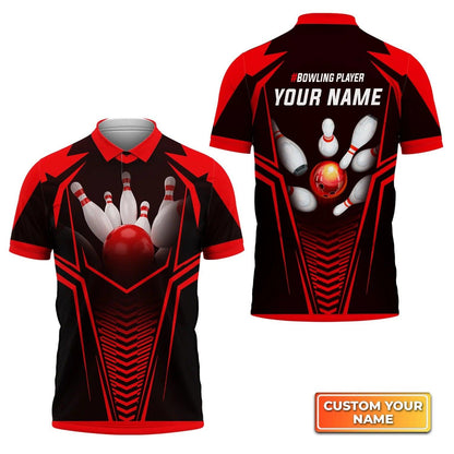 Bowling Custom Men Polo Shirt - Custom Name Red Bowling Ball Crashing The Pins Personalized Bowling Polo Shirt - Perfect Gift For Friend, Family - Amzanimalsgift