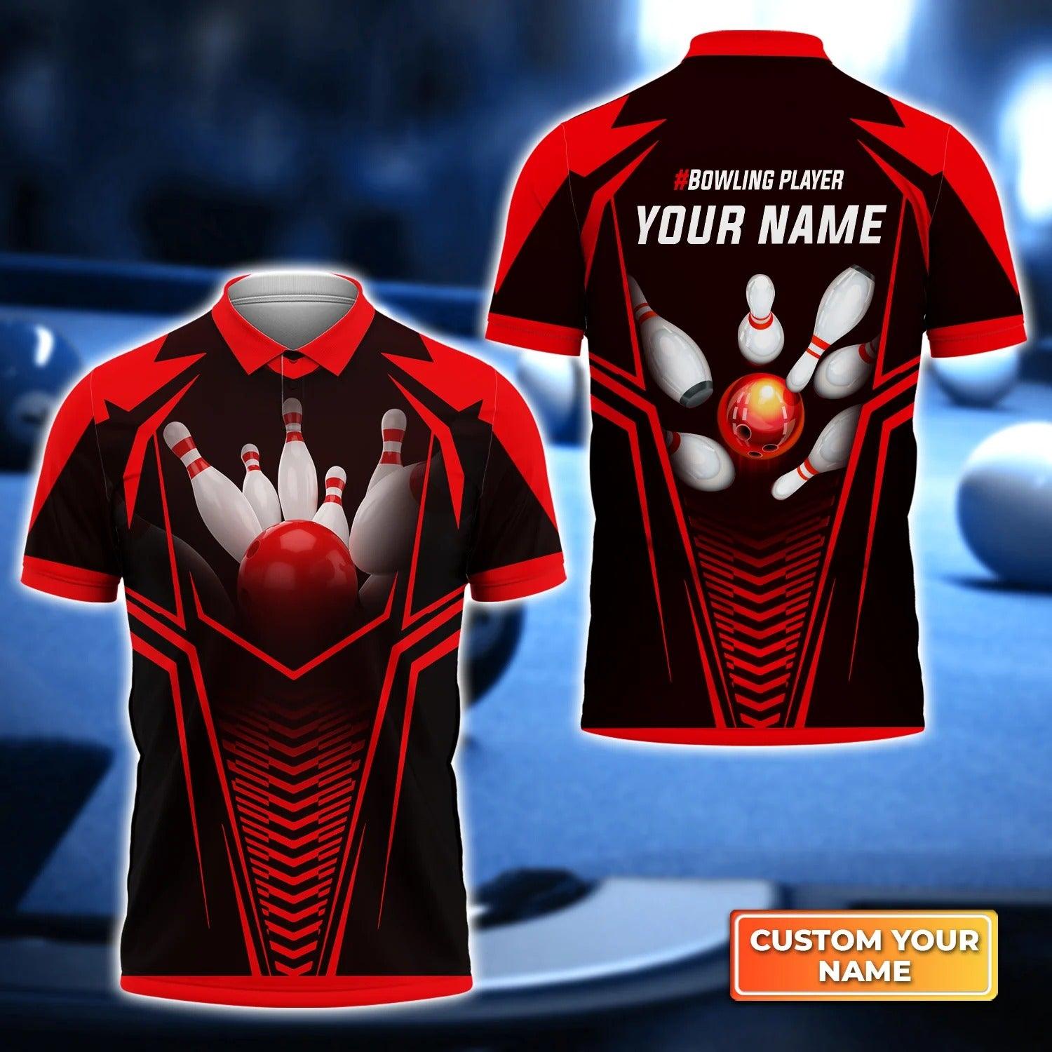 Bowling Custom Men Polo Shirt - Custom Name Red Bowling Ball Crashing The Pins Personalized Bowling Polo Shirt - Perfect Gift For Friend, Family - Amzanimalsgift