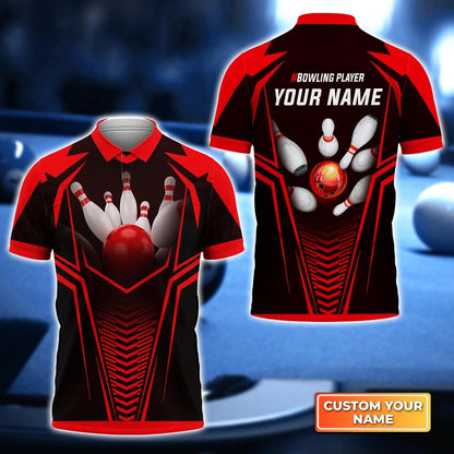 Bowling Custom Men Polo Shirt - Custom Name Red Bowling Ball Crashing The Pins Personalized Bowling Polo Shirt - Perfect Gift For Friend, Family - Amzanimalsgift